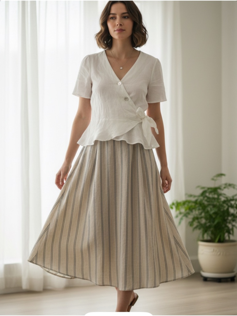 White Linen Women's Wrap Peplum Button Top